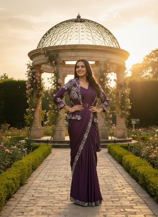 purple saree with jacket