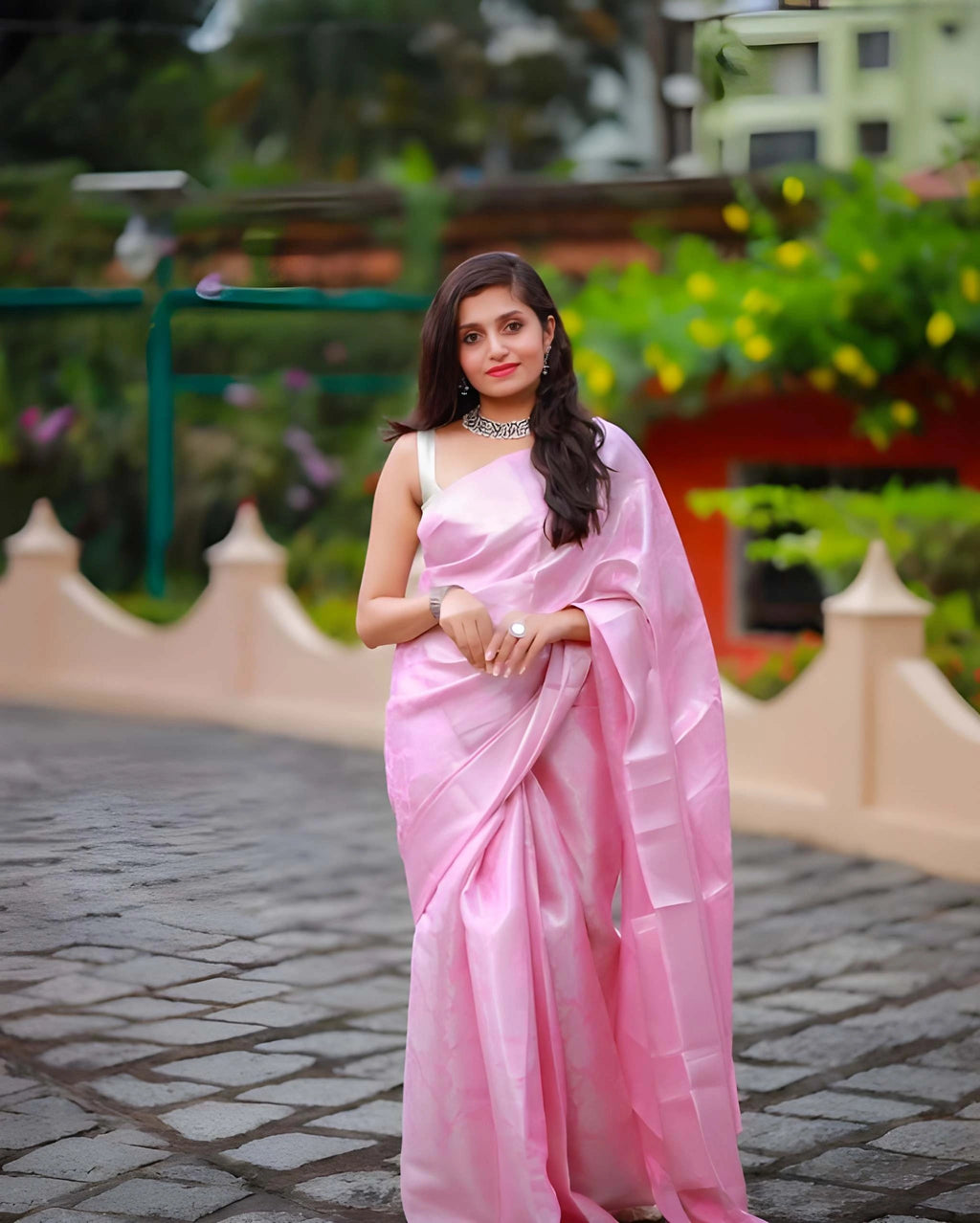 Luxury pink satin saree from Fulari offering a refined shine and timeless feminine appeal