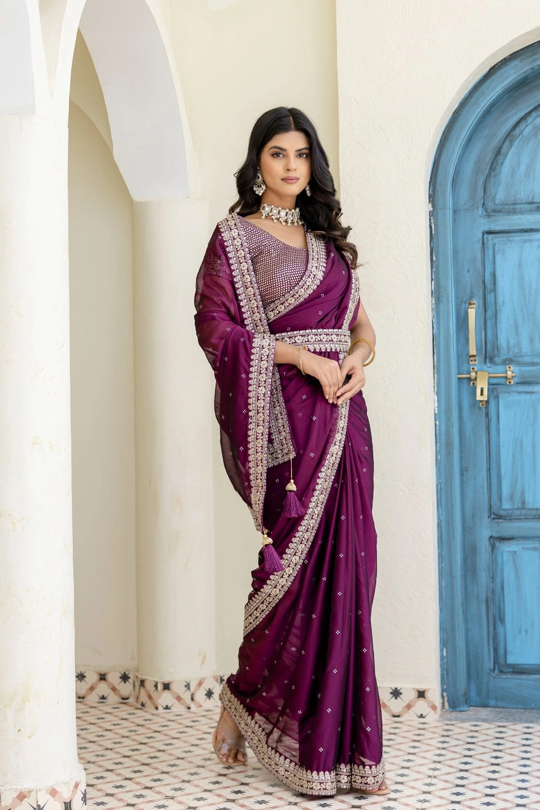 Fulari plum bridal function saree with detailed craftsmanship and a premium embroidered blouse for wedding looks