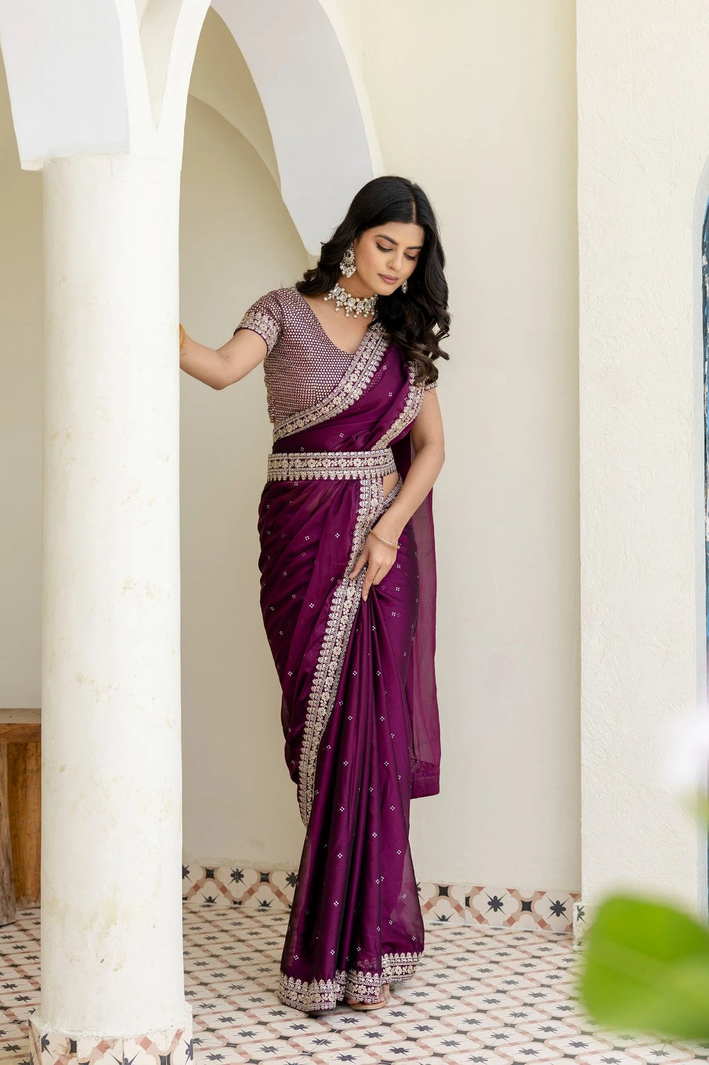 Fulari classic plum stonework saree featuring refined border embroidery ideal for parties and cultural events