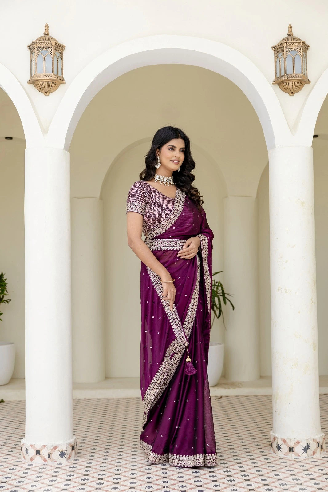 Fulari plum designer party wear saree with intricate threadwork and embellished borders perfect for festive gatherings