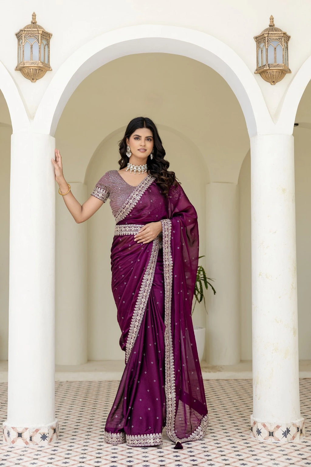 Fulari elegant plum ceremony saree with refined sequin embellishment and a stylish blouse for traditional events