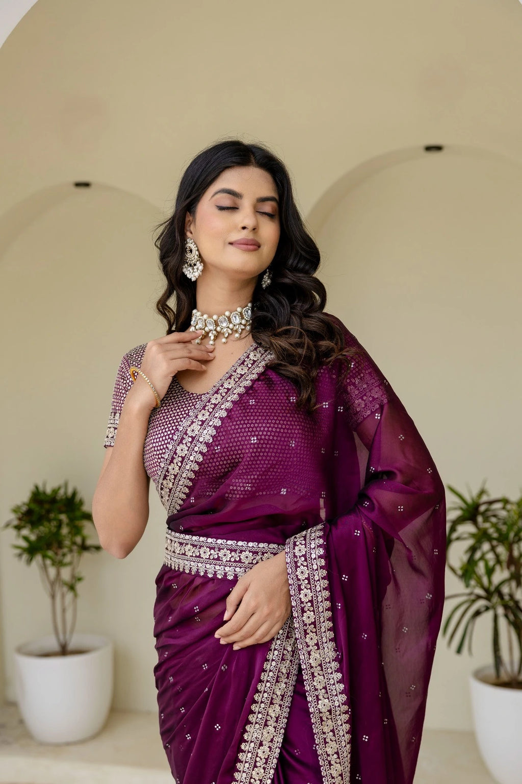 Fulari plum heavy work party saree with ornate embroidery and luxurious finishing for festive celebrations