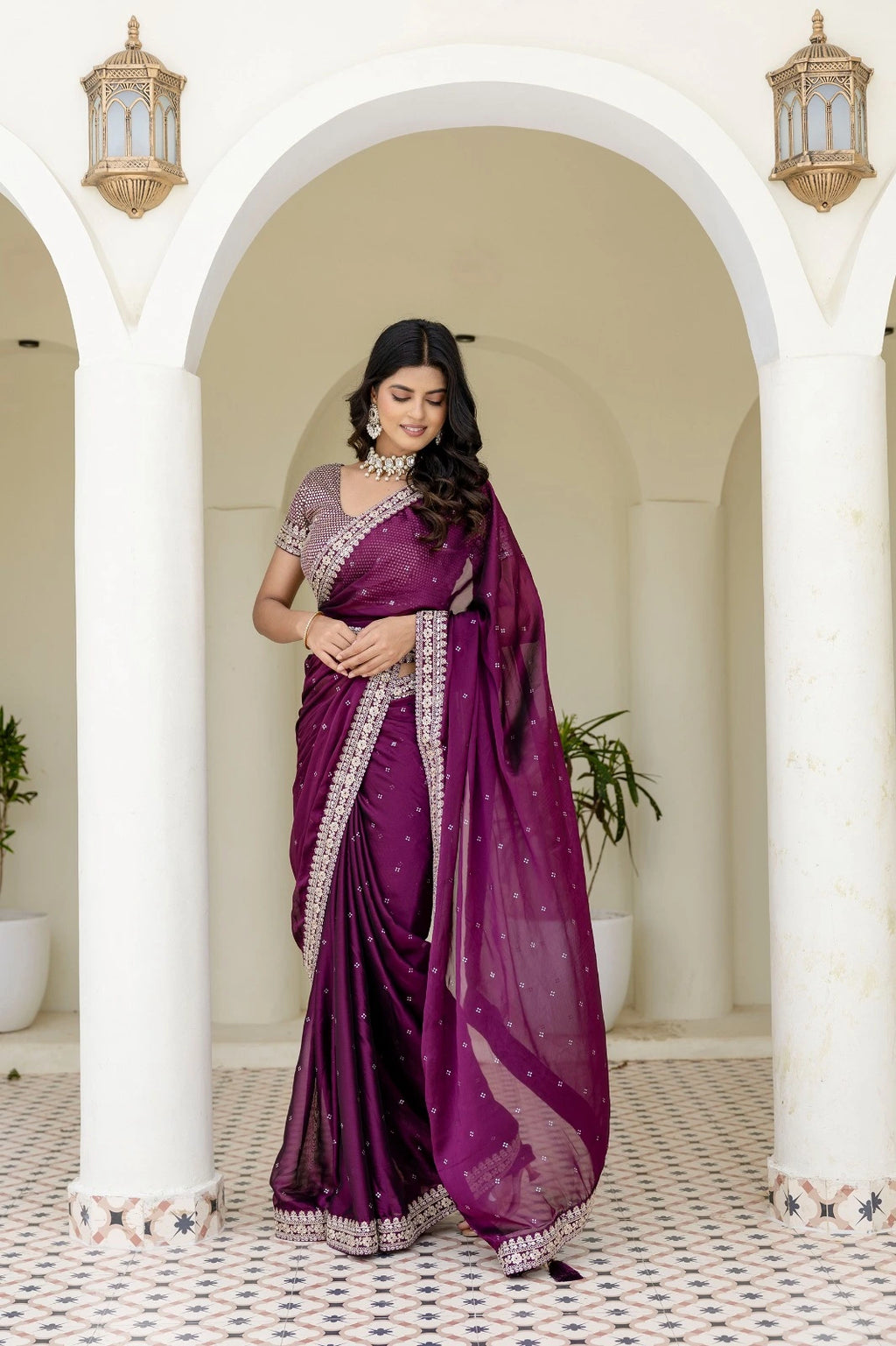 Fulari plum luxury festive saree featuring shimmering stonework and elegant embroidery for premium party occasions