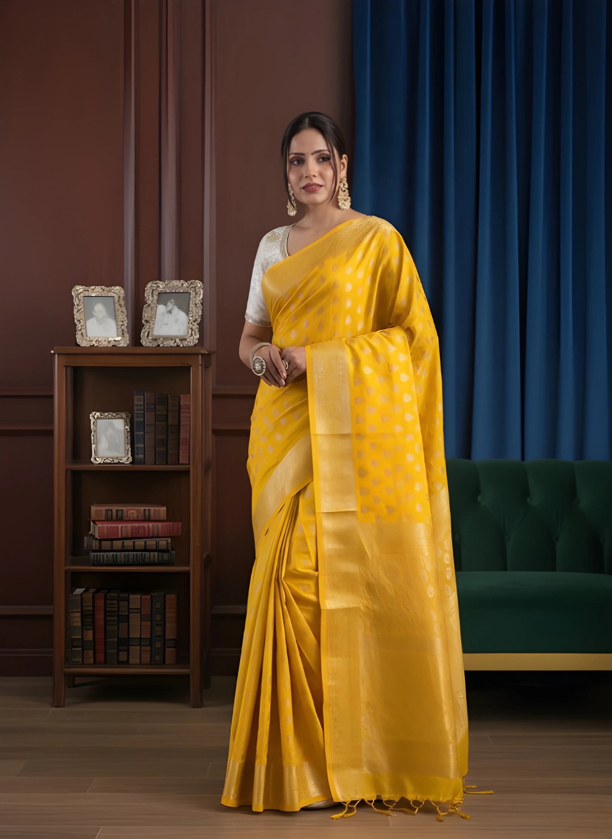Woman in a yellow saree standing in a room with a bookshelf and green sofa.
