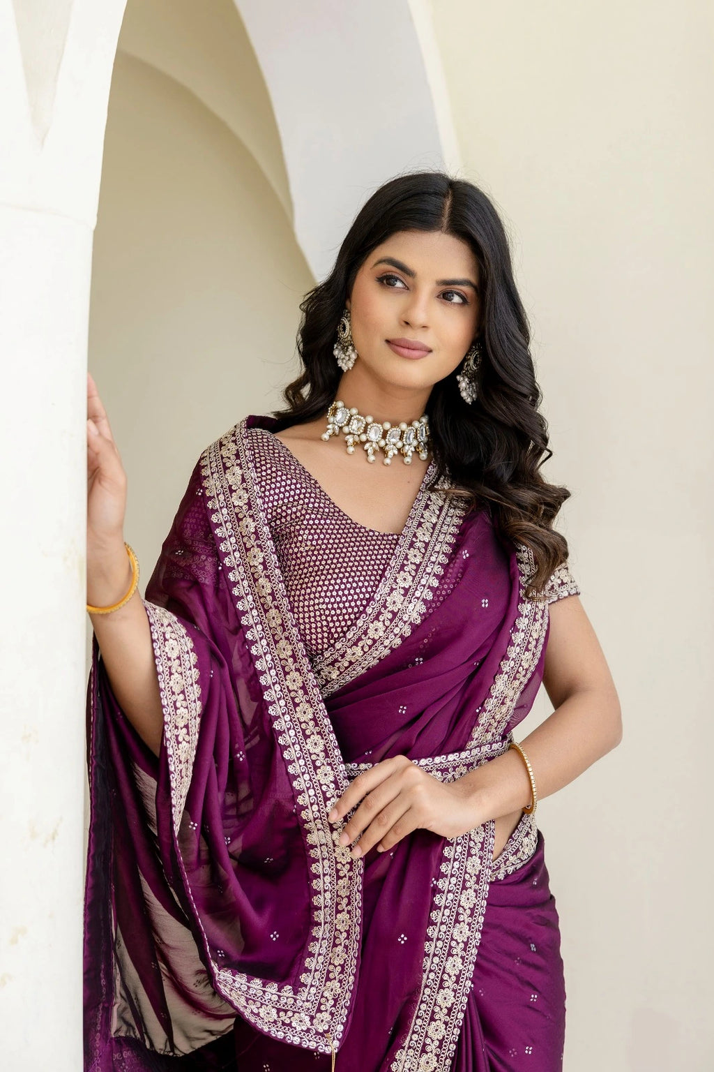 Fulari premium plum party wear saree with intricate border work and embellished blouse for weddings and festive occasions