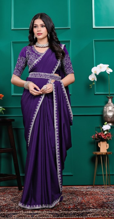 Fulari purple belted ready to wear saree designed for elegant party wear for women