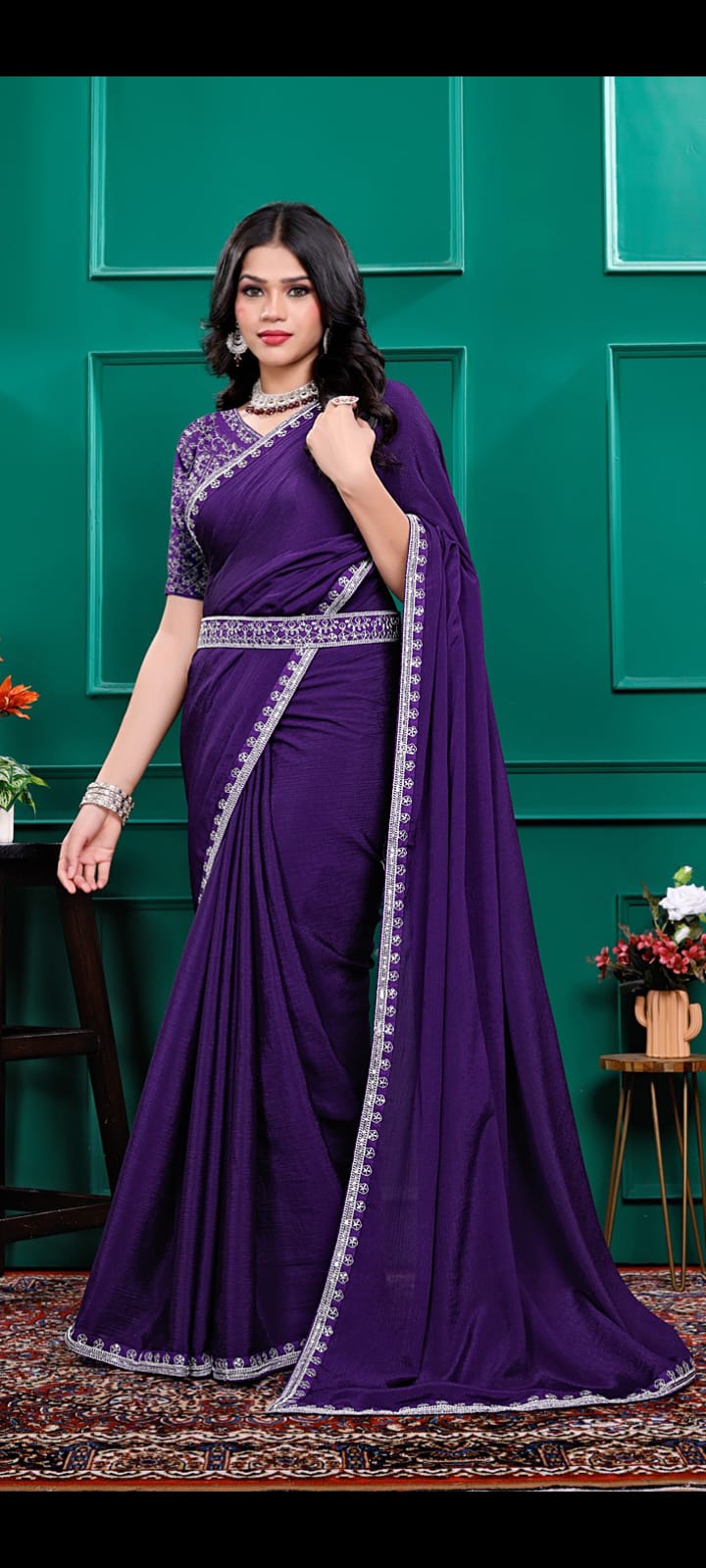 Fulari purple ready to wear saree with stylish belt designed for a modern party look for women