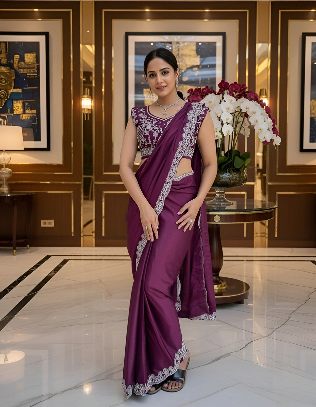Fulari purple ready to wear saree for women
