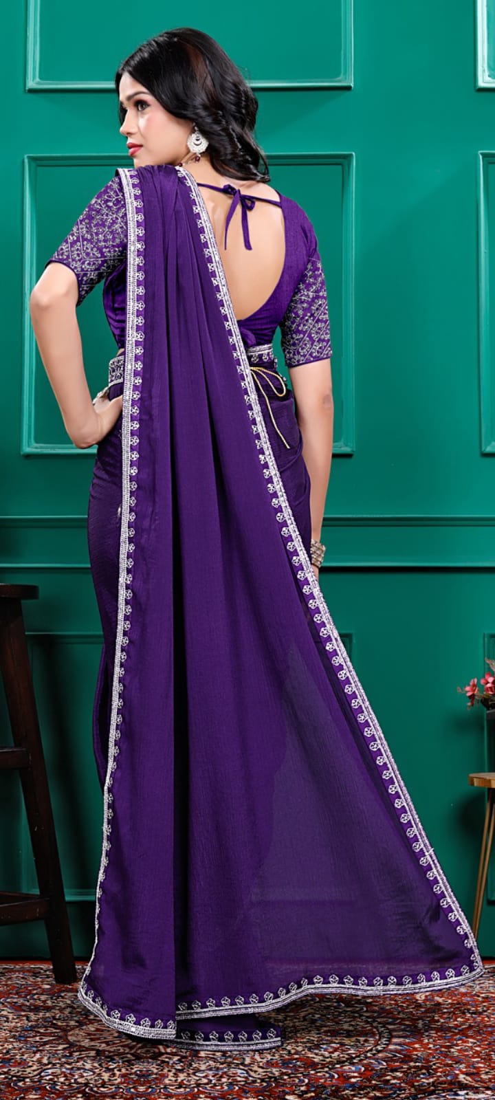 Fulari purple saree with a stylish belt crafted for a modern festive look