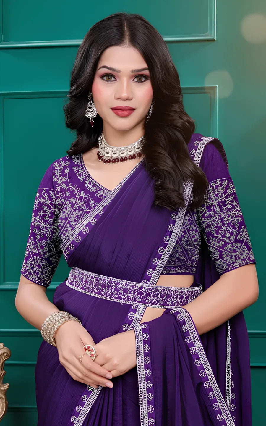 Fulari purple saree with belt for women
