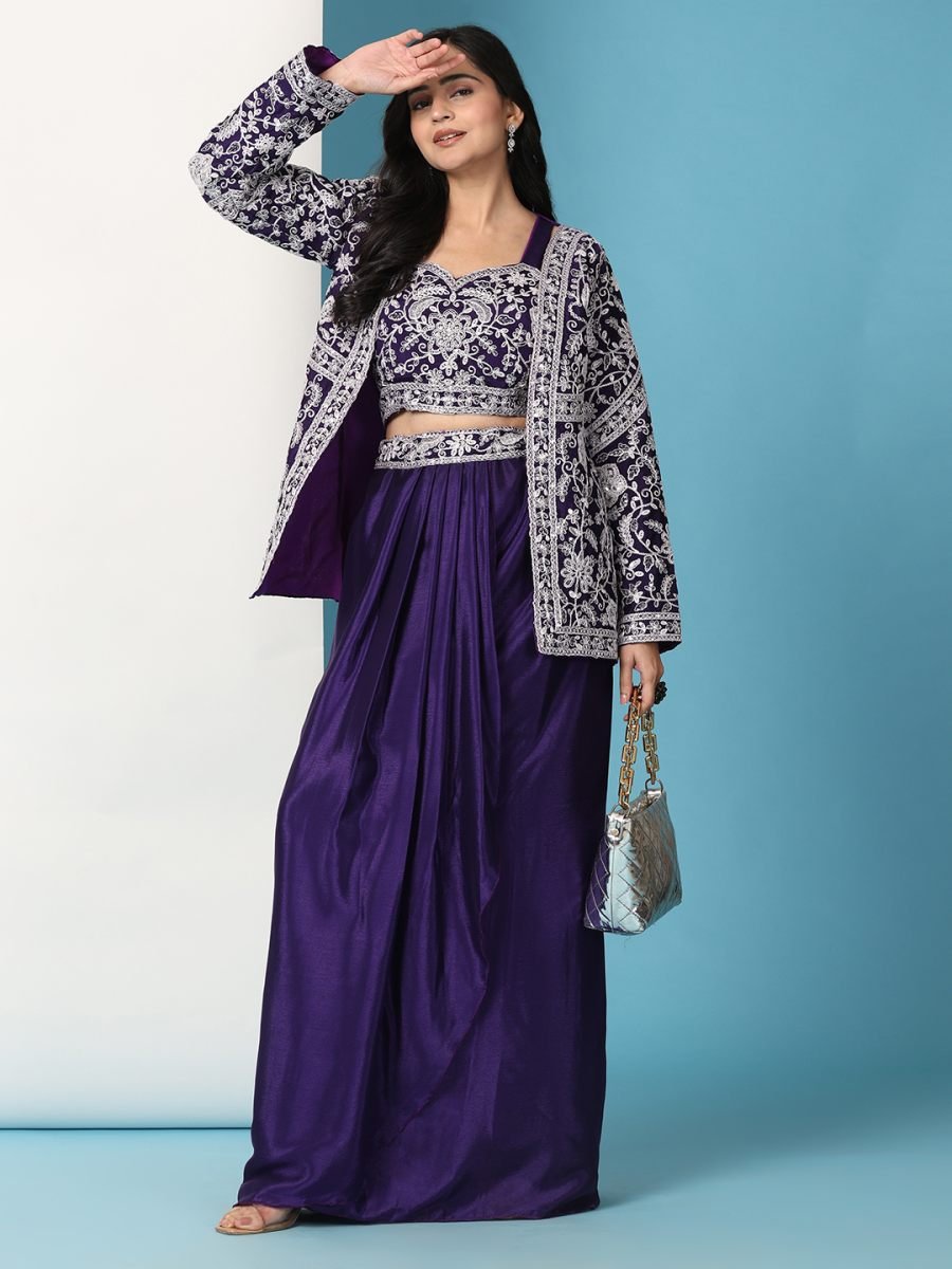 Fulari purple sharara paired with an embroidered jacket designed for ethnic party and festive looks