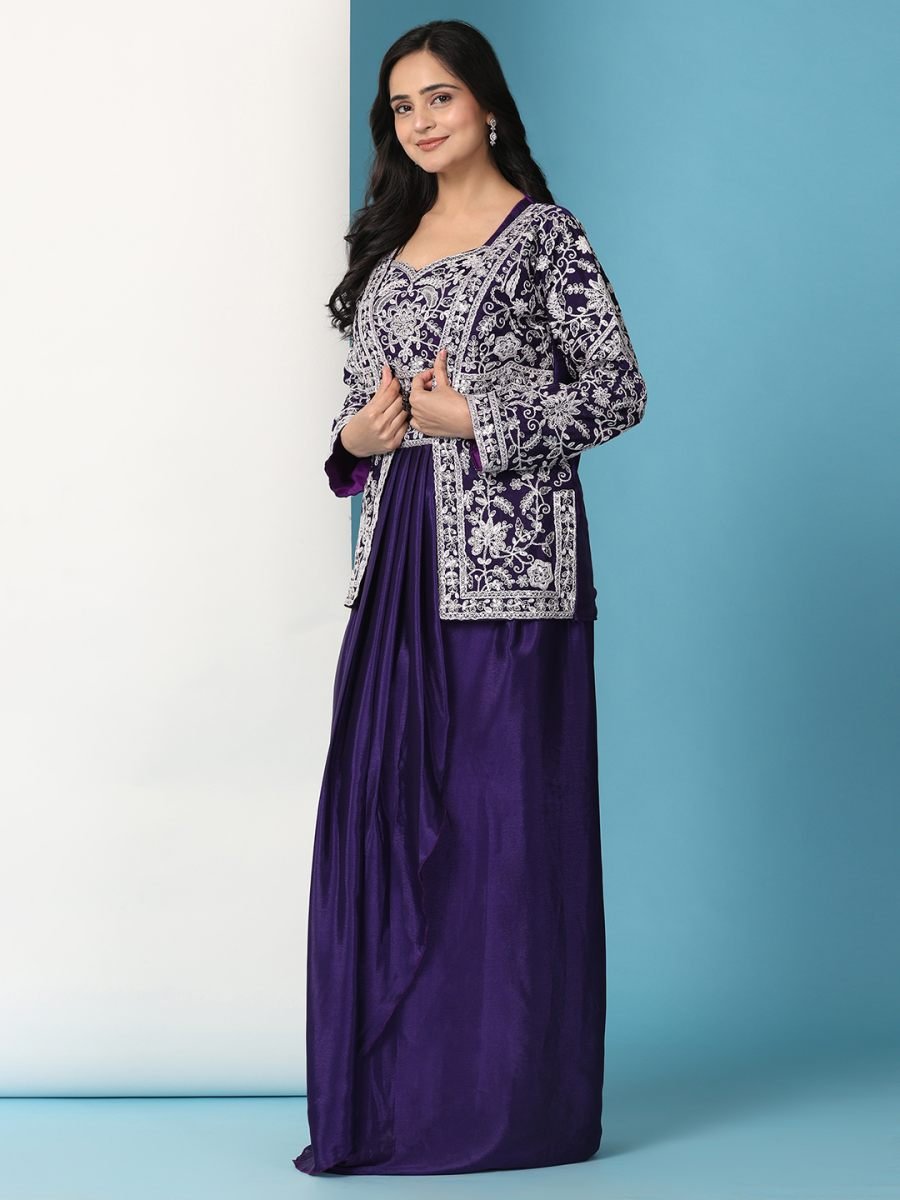 Fulari purple sharara set with detailed embroidered jacket designed for elegant festive and party wear for women