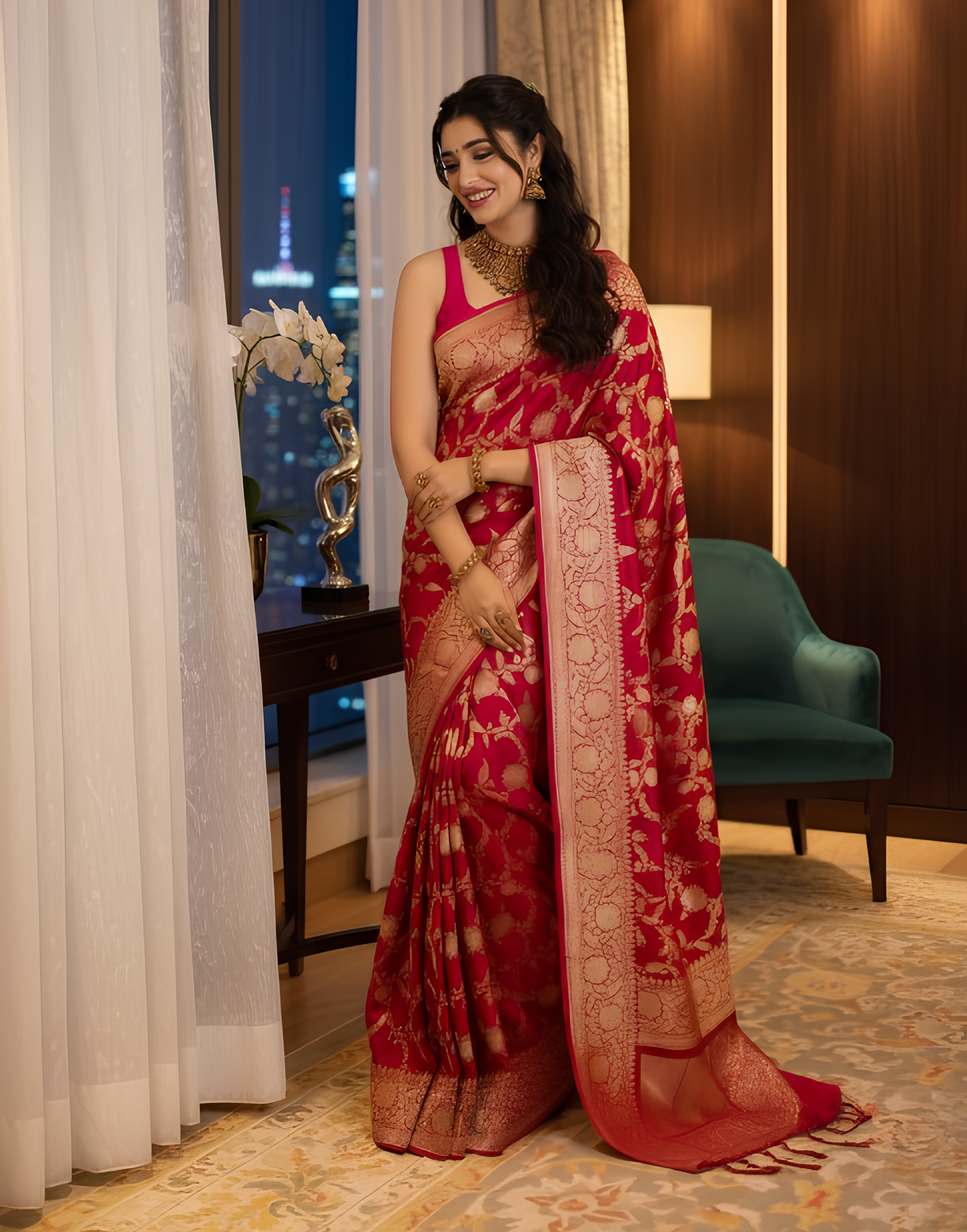 Fulari rani pink silk saree with a rich traditional look, perfect for festive occasions, weddings and cultural celebrations for women

