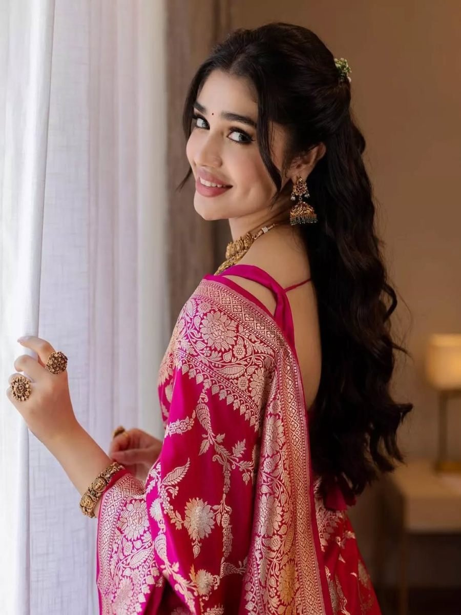 Fulari rani pink Banarasi saree with royal zari detailing crafted for special occasion wear