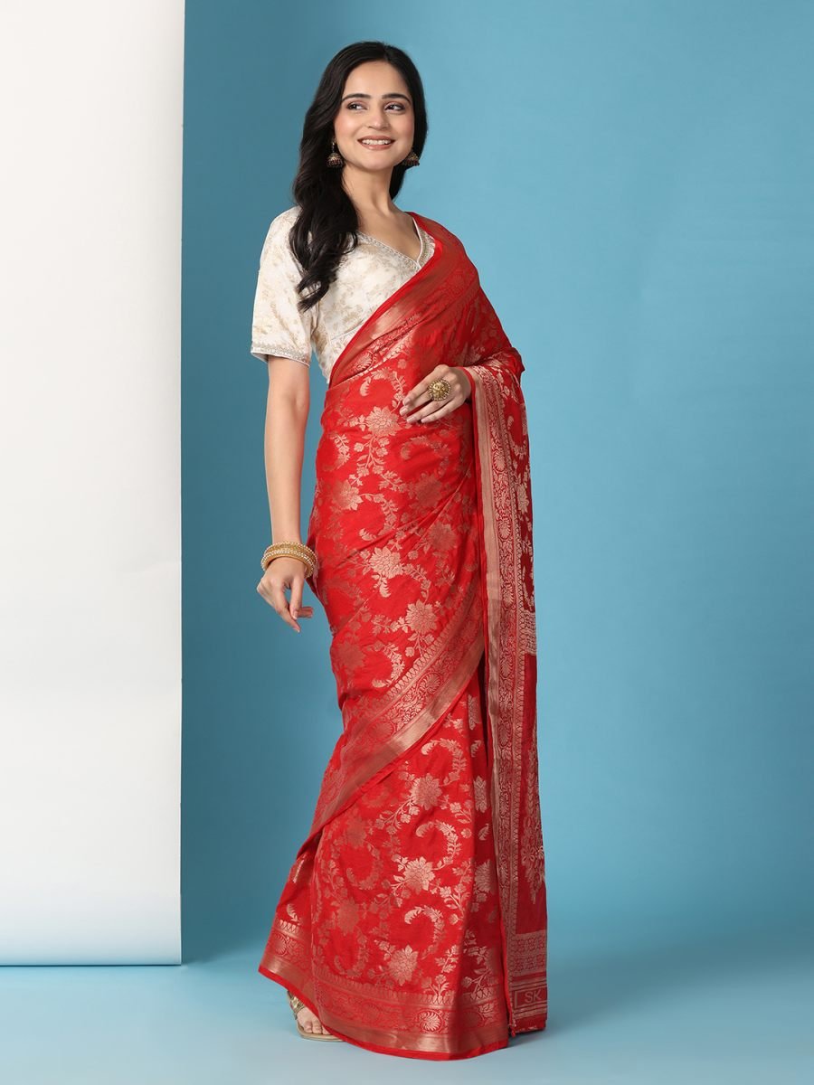 Fulari red Banarasi georgette ready to wear saree with a premium stitched blouse crafted for elegant occasion wear