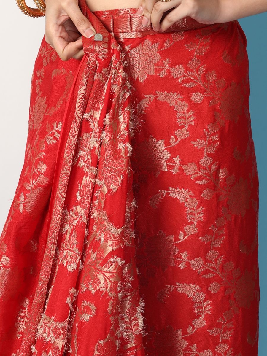 Fulari red georgette Banarasi ready to wear saree paired with a stitched blouse crafted for party wear