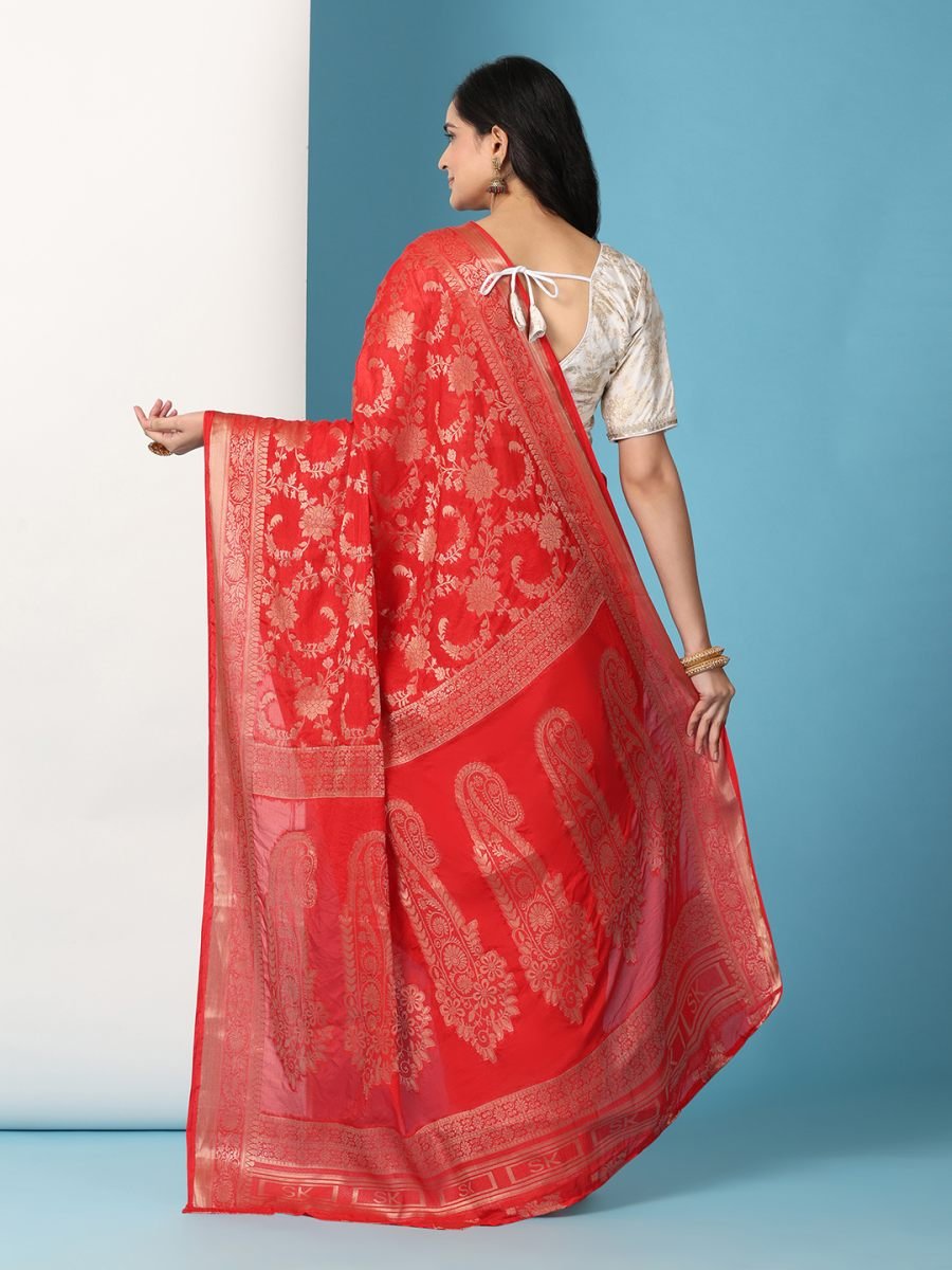 Fulari red Banarasi ready to wear georgette saree with stitched blouse designed for classy occasion wear