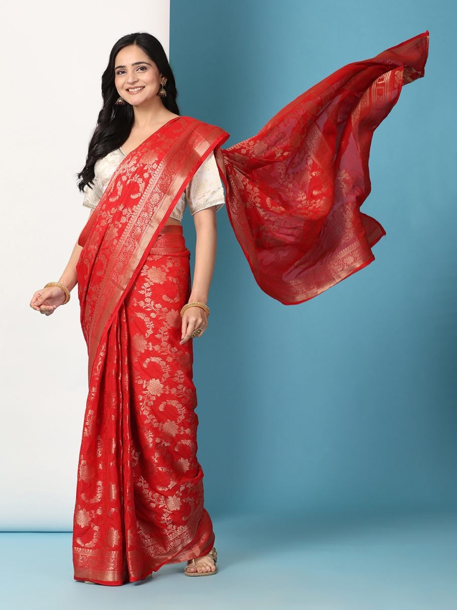 Fulari red georgette Banarasi ready to wear saree with stitched blouse designed for an easy drape festive look