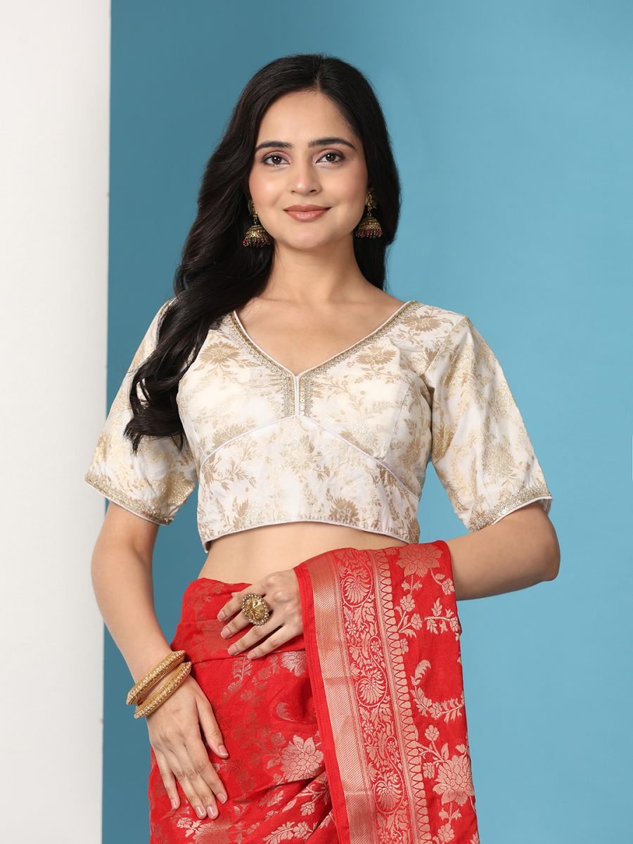 Fulari red georgette Banarasi ready to wear saree with stitched blouse styled for a festive elegant look