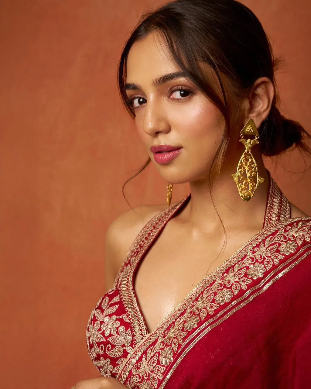 Fulari red party wear saree with elegant embroidery border, premium festive look, perfect for weddings and modern celebration styling