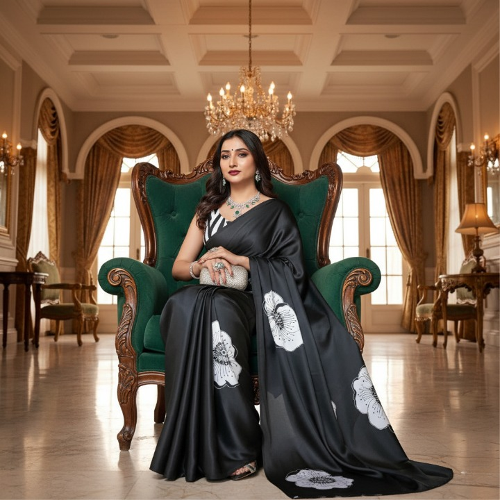 Woman in a black saree with white patterns sitting on an ornate green chair in a luxurious room.