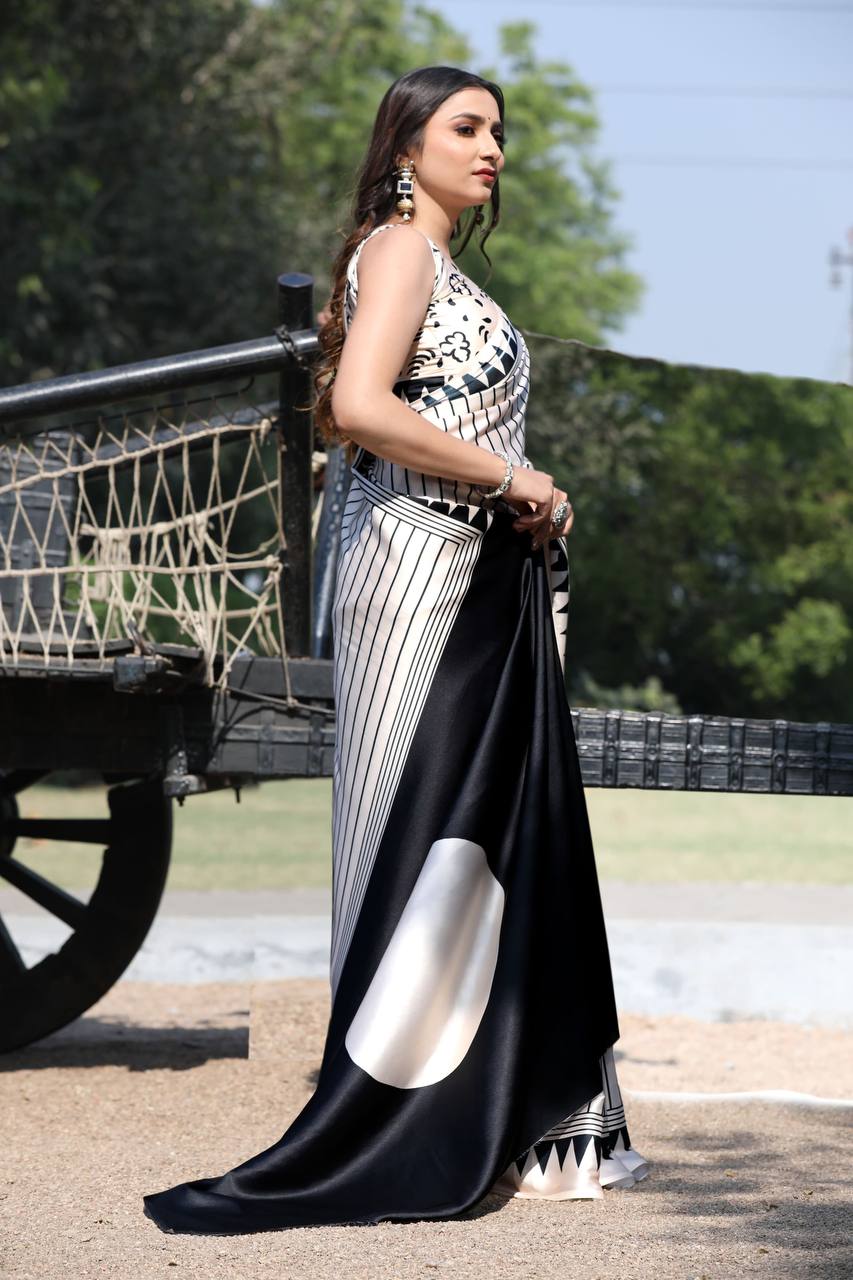 Fulari black satin saree with a smooth elegant finish, ideal for classic party and evening wear for women