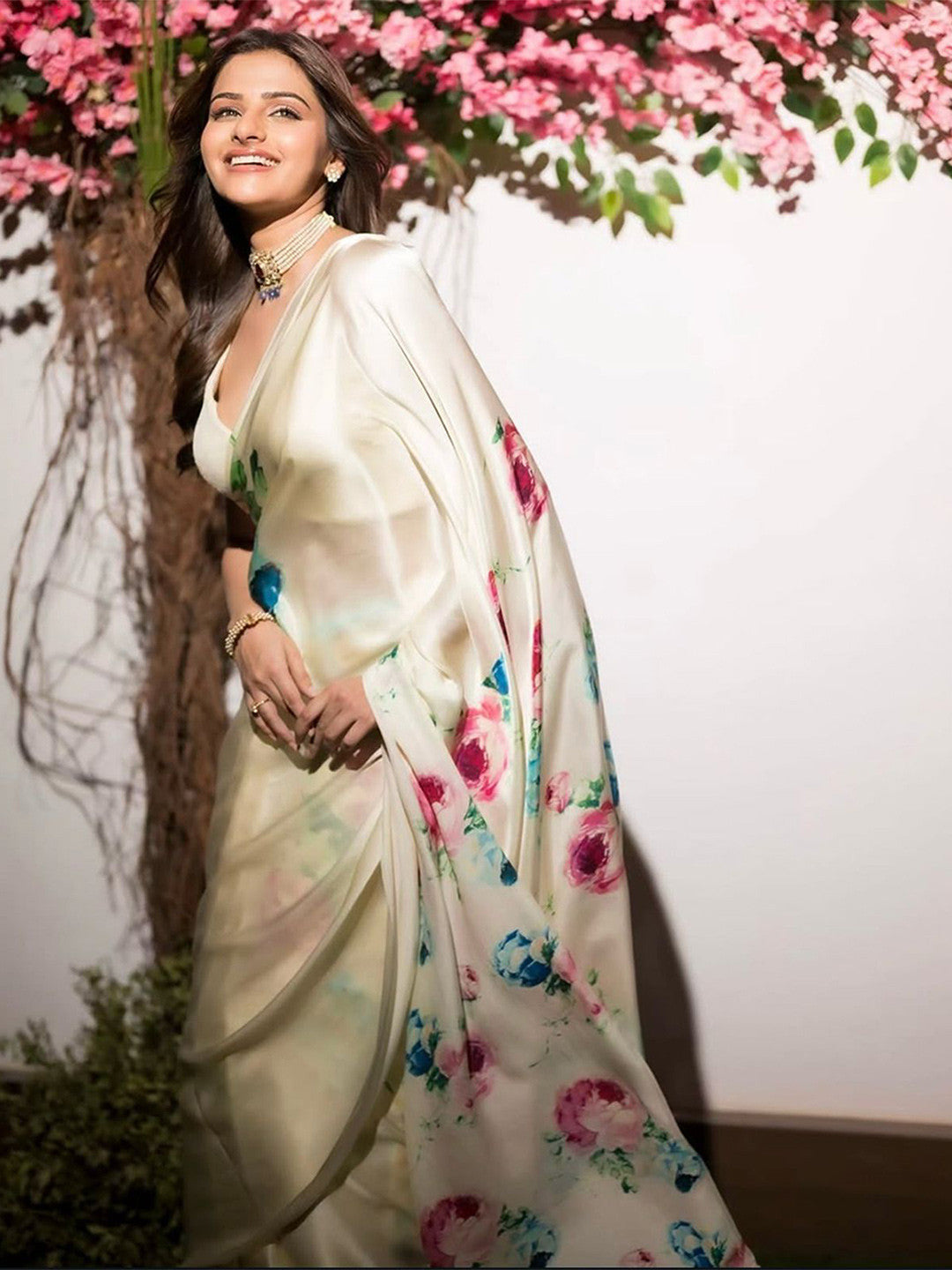 Fulari cream white soft satin saree styled for a classy party look