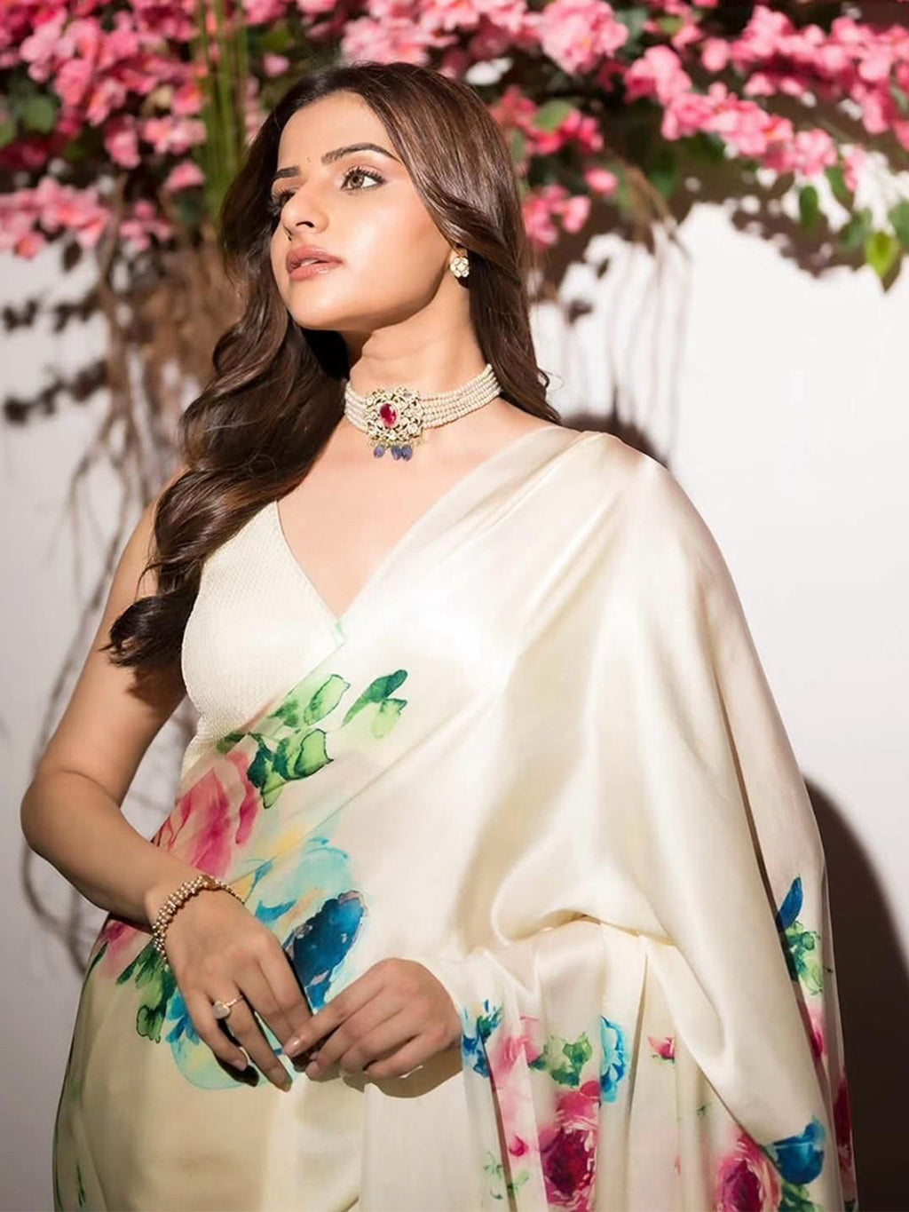 Fulari white cream satin saree with a luxury soft finish designed for special occasion wear