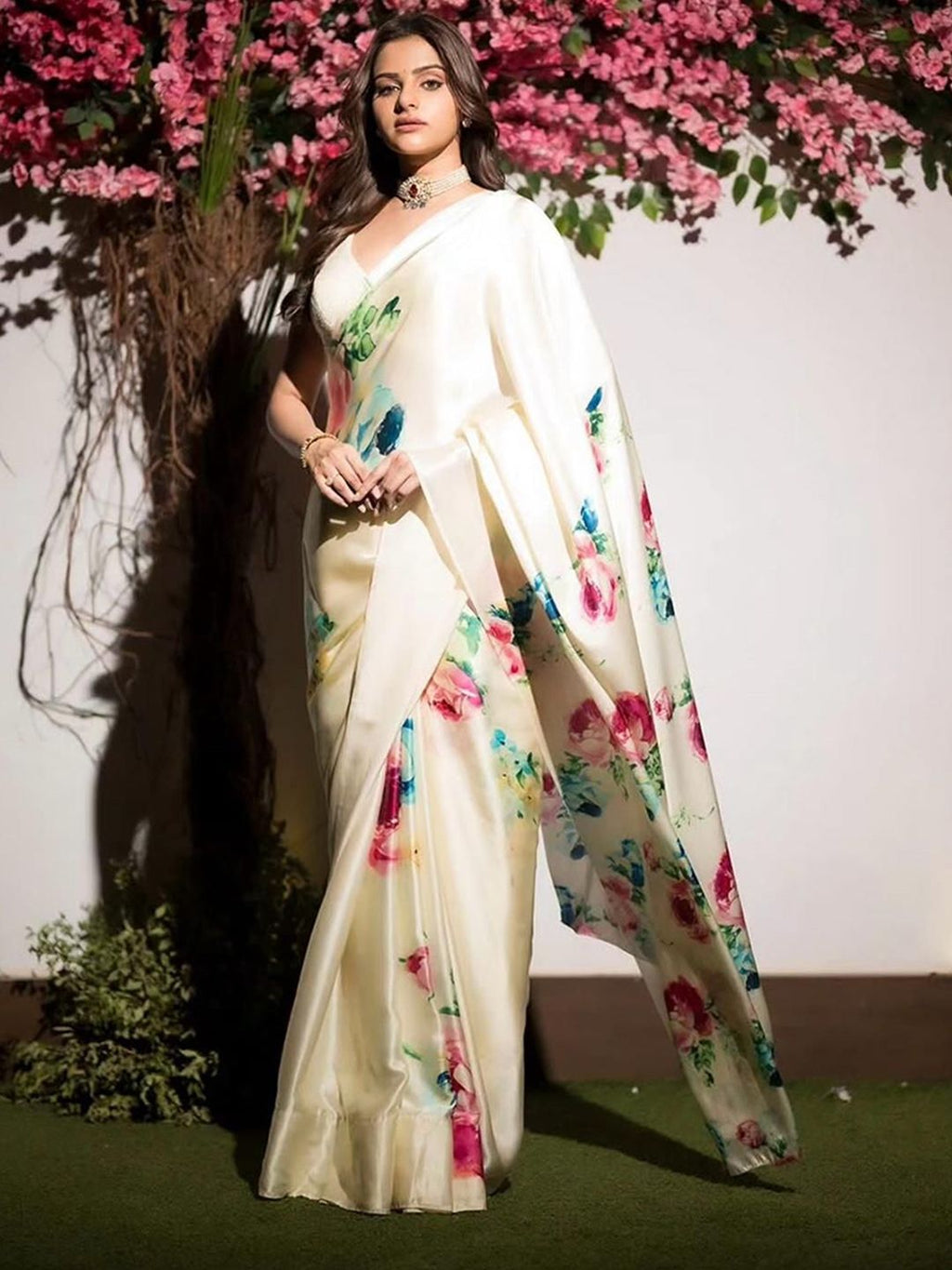 Fulari white cream soft satin saree designed for elegant party and festive wear for women