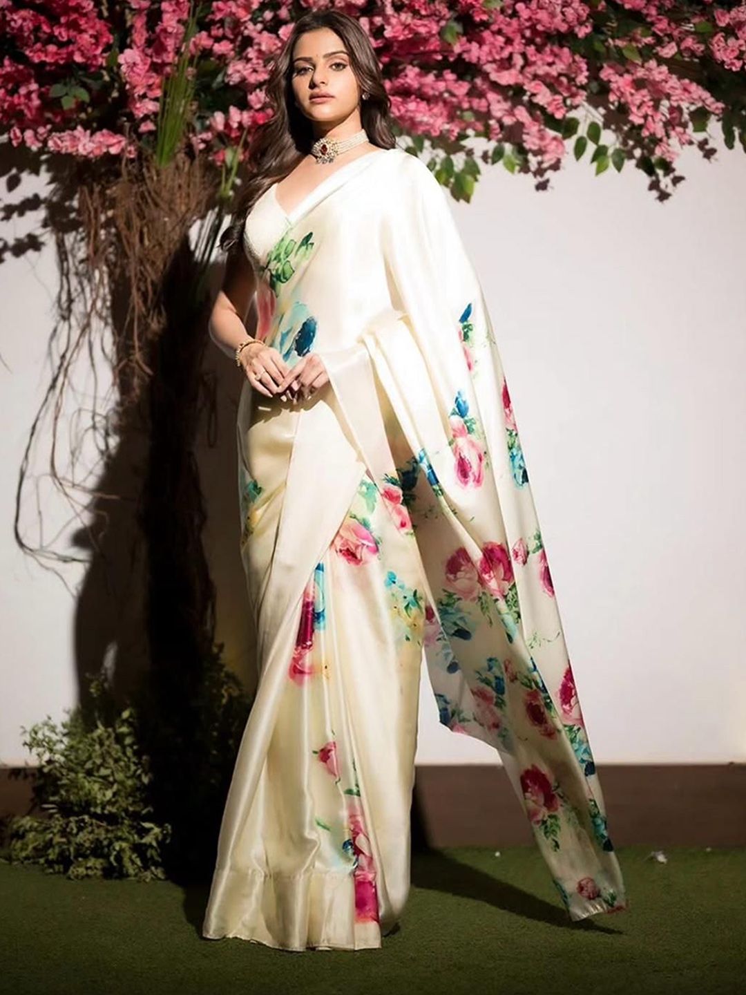 Fulari white cream soft satin saree designed for elegant party and festive wear for women