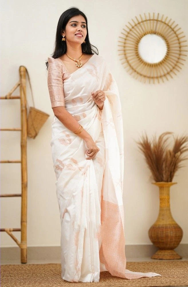 Fulari white and peach elegant saree showcasing a soft silk finish and subtle detailing for a sophisticated look
