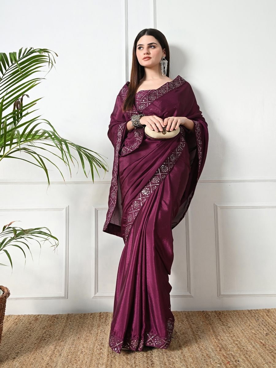 Fulari wine embroidered saree with a stylish belt designed for premium festive and party wear for women