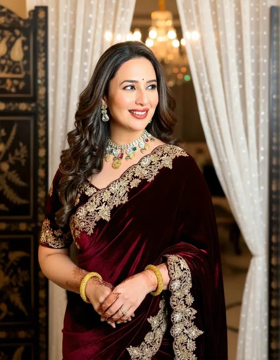 Woman in a maroon saree with gold embroidery standing in a decorated room.