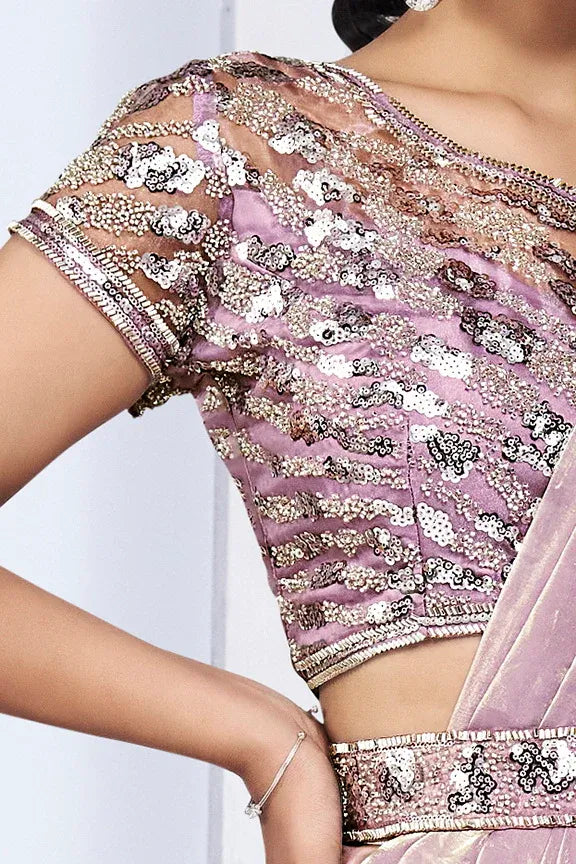 Blush pink designer party wear saree by Fulari with intricate hand embroidery