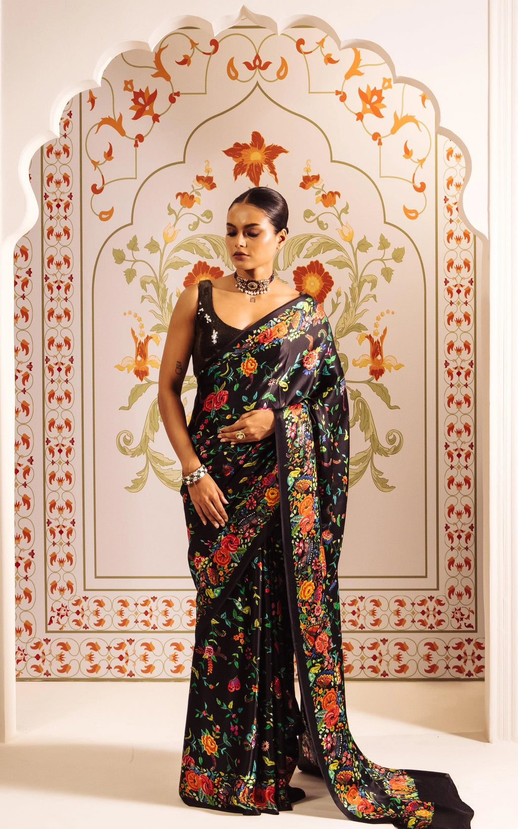 fulari black satin saree for women