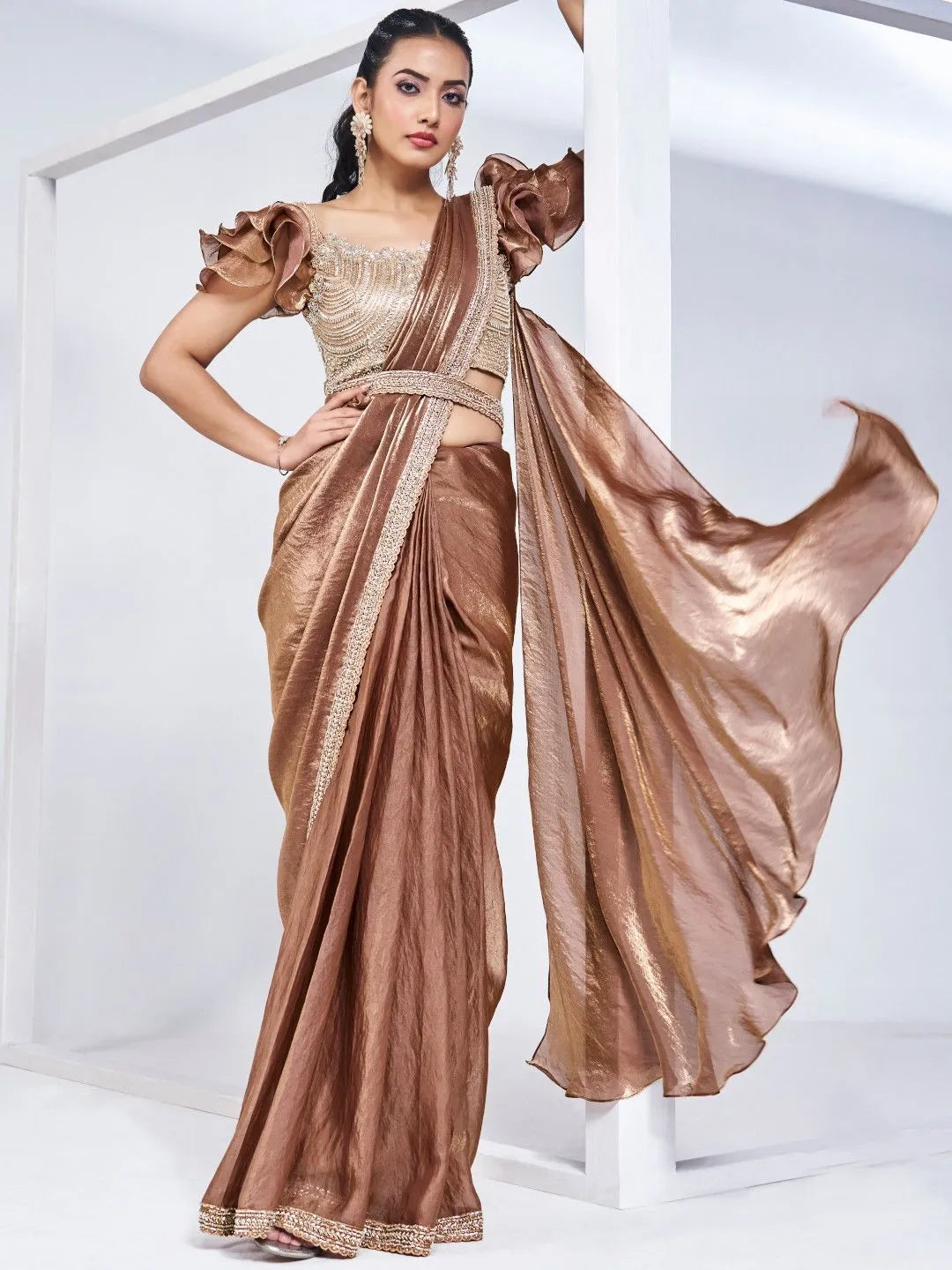 Brown satin silk ready to wear saree by Fulari with embellished blouse