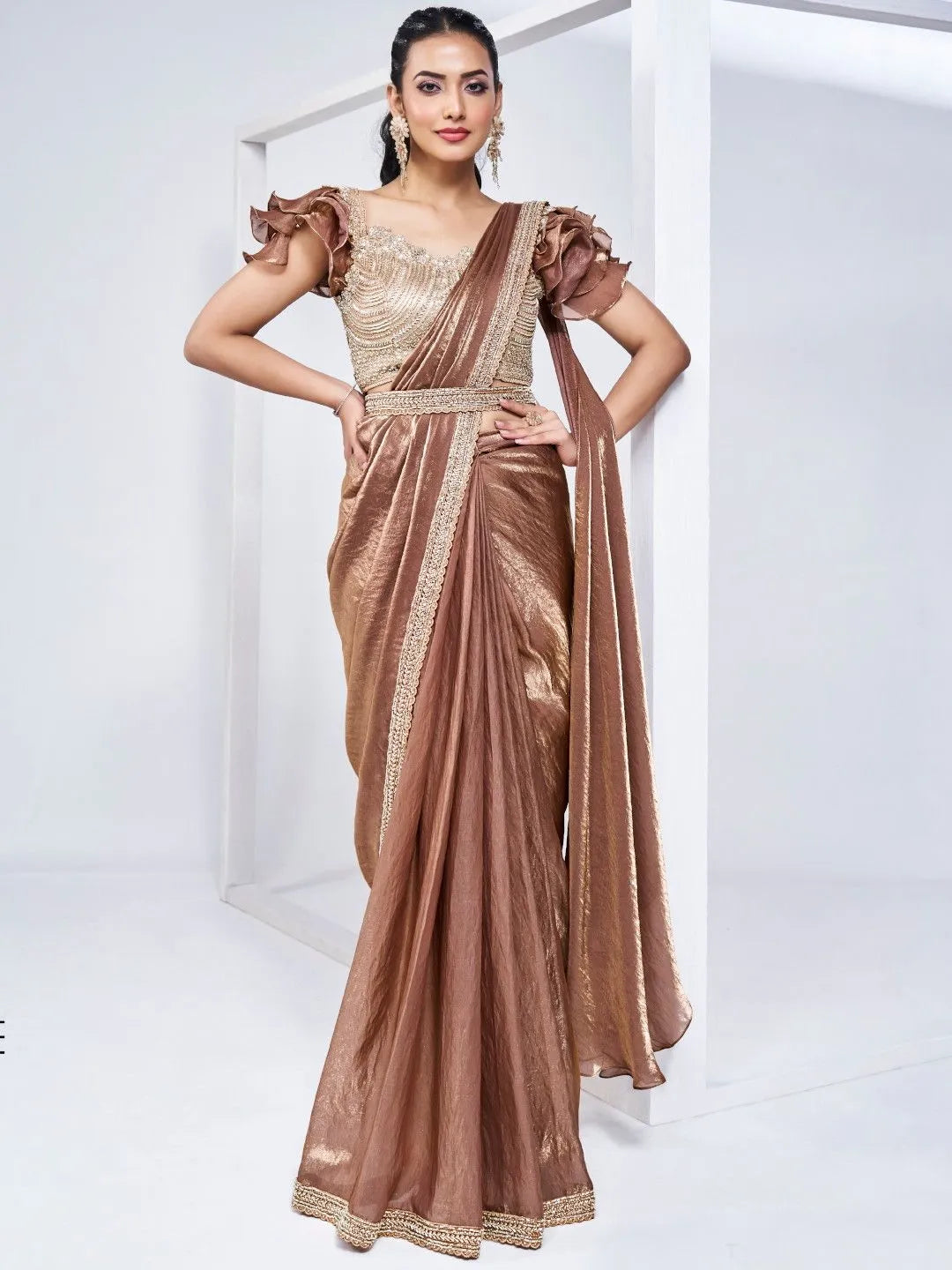 Copper brown party wear saree by Fulari with elegant shimmer finish