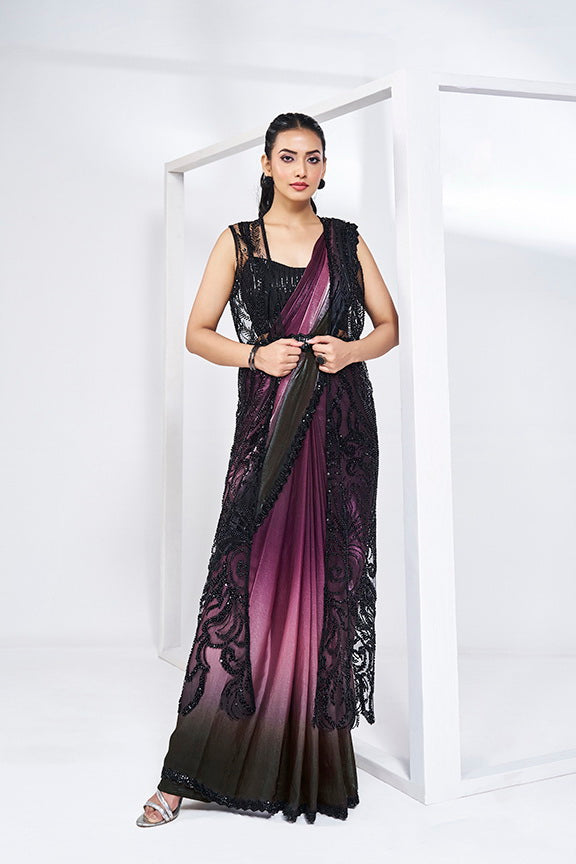 Fulari designer ombre saree featuring elegant lace border and contemporary appeal