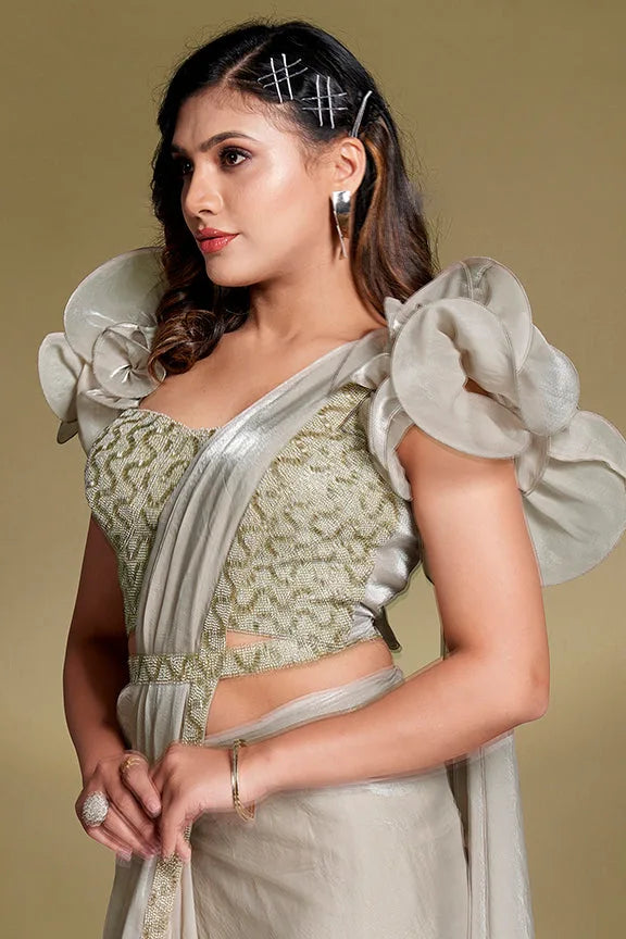 Designer ready to wear satin silk saree with sequins and bead work by Fulari