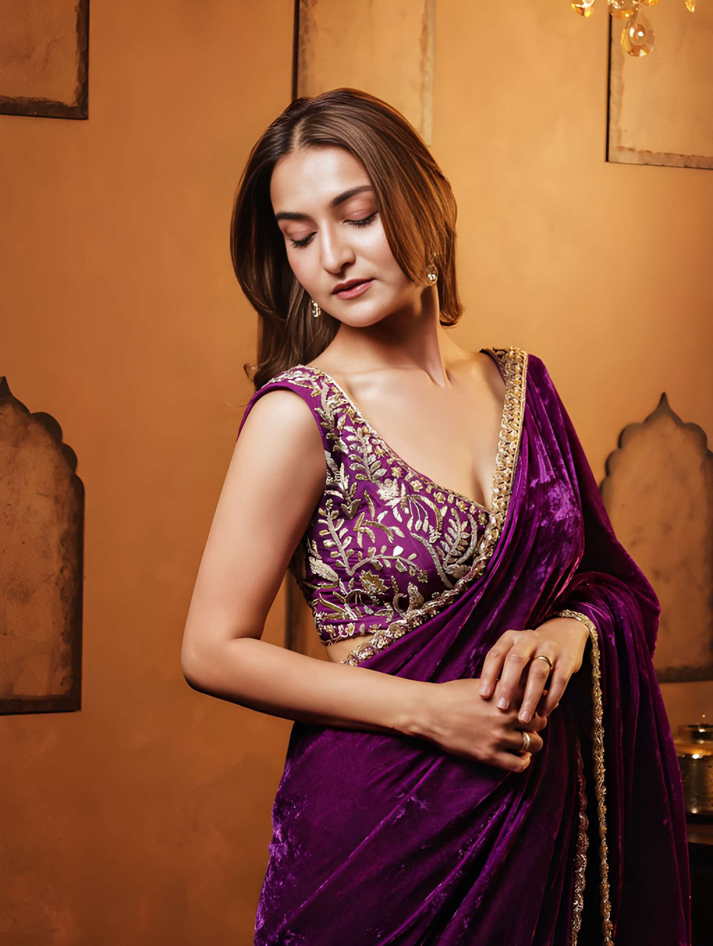 Fulari premium velvet designer saree in deep purple shade with premium finish