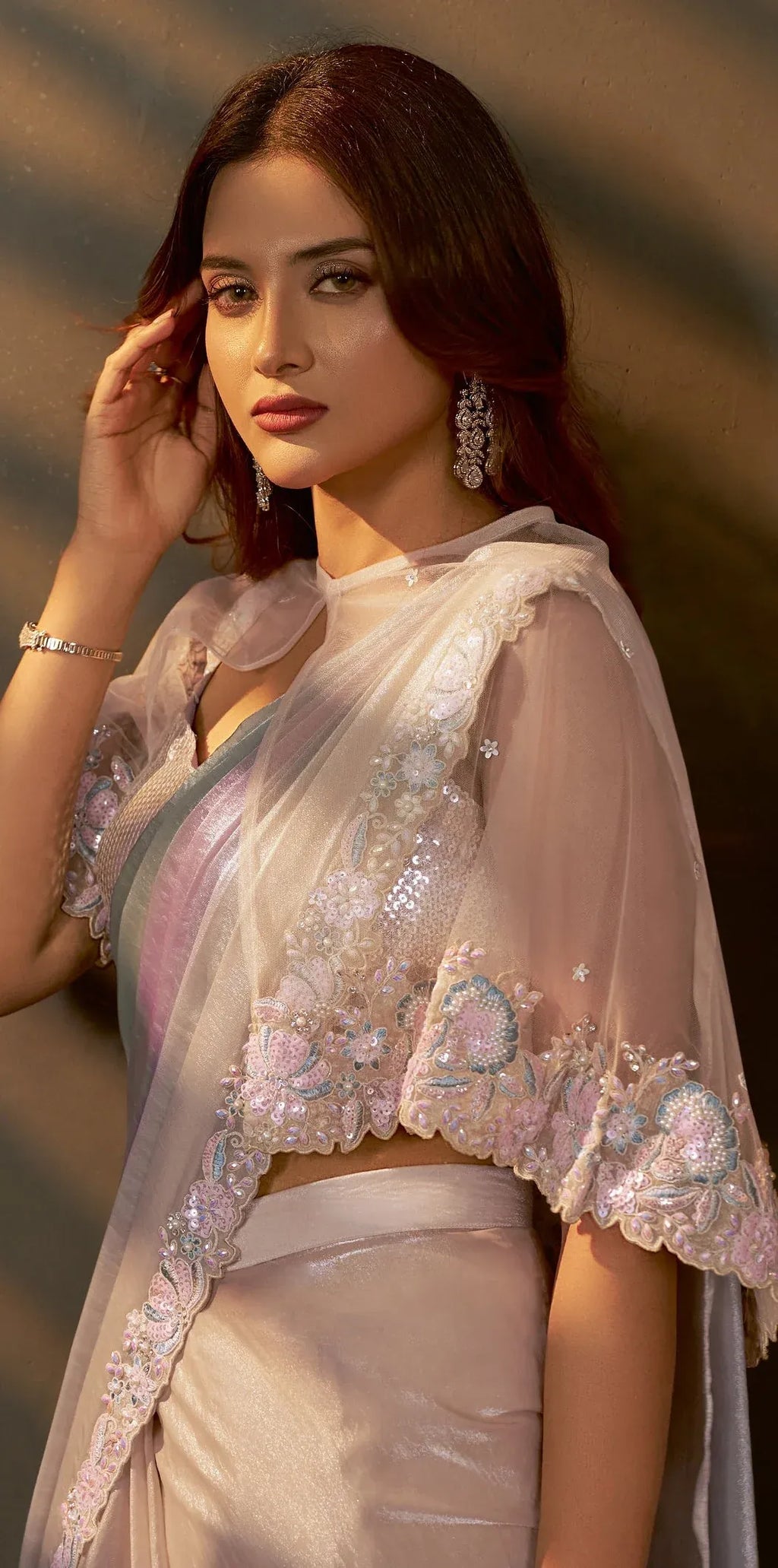 Garden party wear shaded silk ready to wear saree with cape style poncho blouse. PHULARI FULARI SAREE