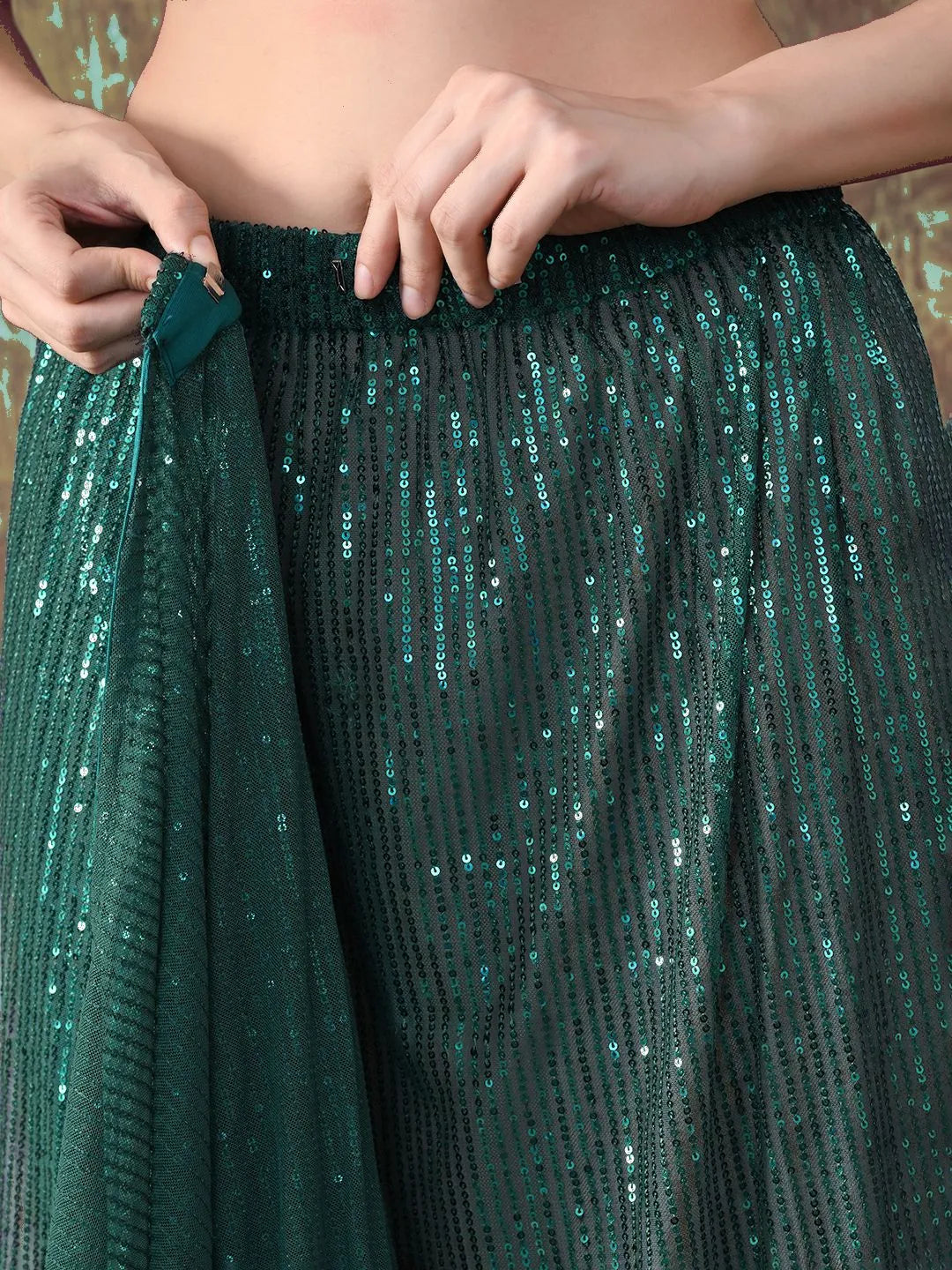 Green sequin ready to wear party saree by Fulari with elegant shimmer finish
