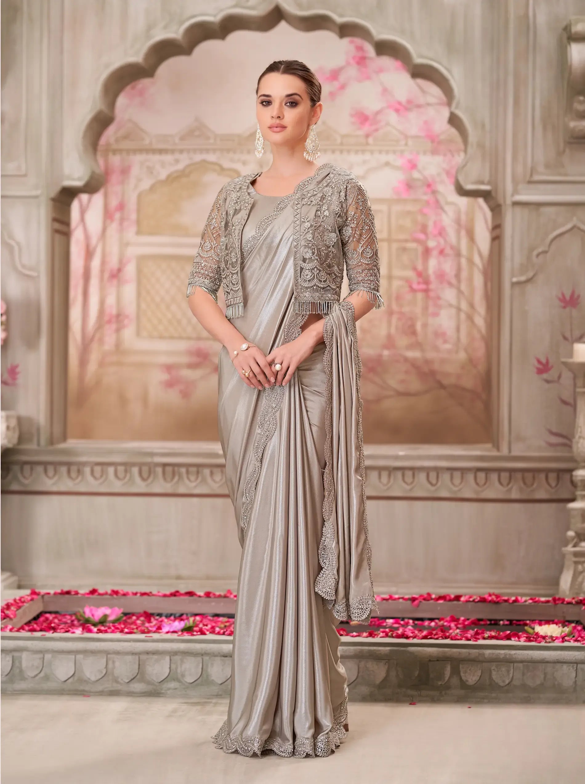 Grey designer evening saree by Fulari with subtle shine and elegant finish