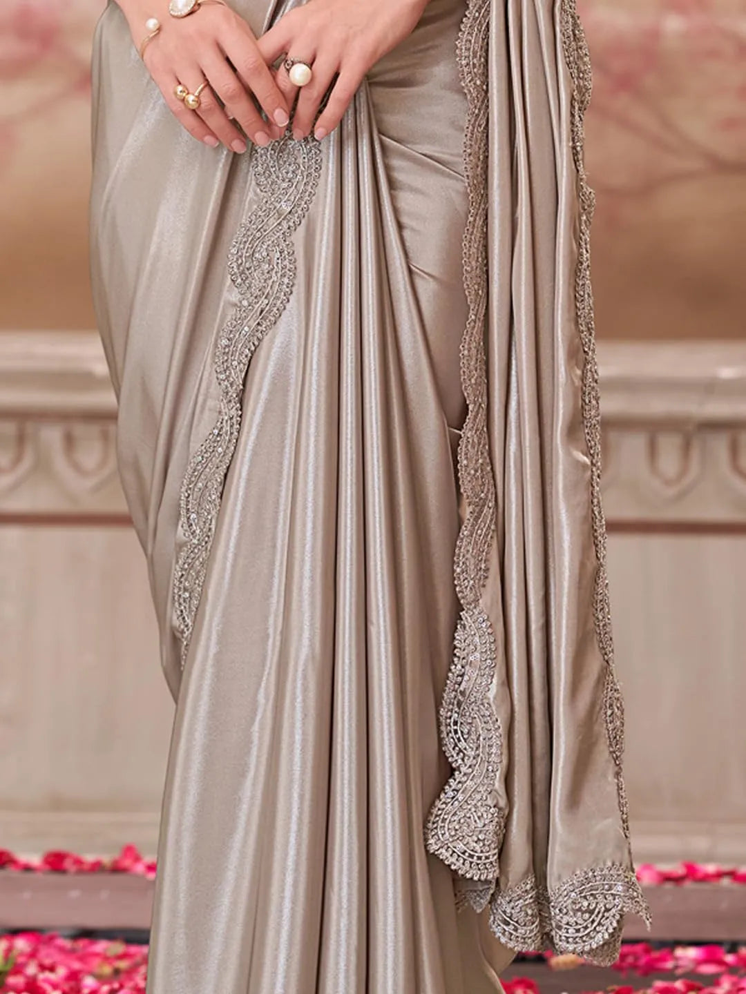 Grey satin silk embellished saree by Fulari with designer blouse and elegant drape