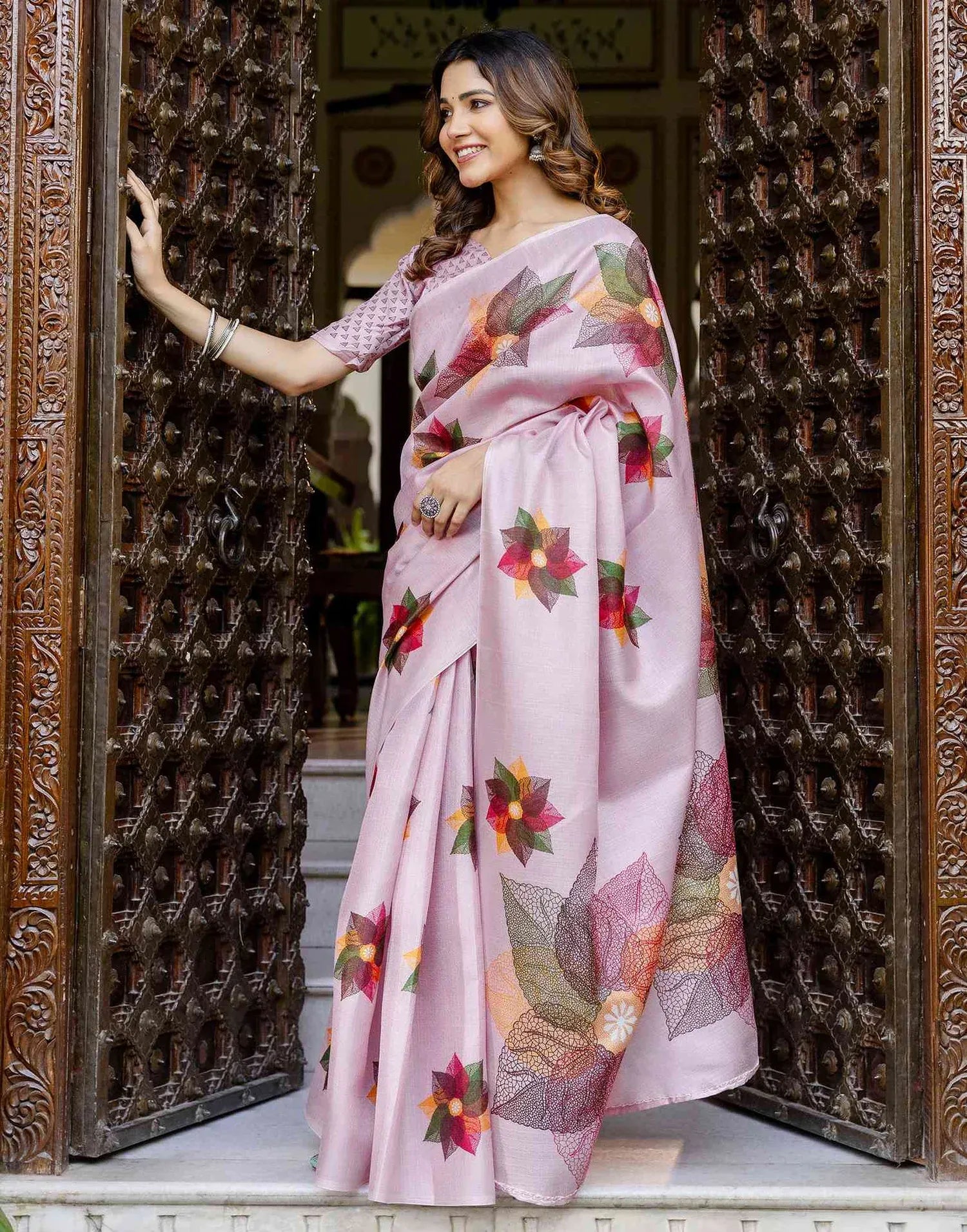 Light purple ethnic printed saree by Fulari with traditional design and modern styling