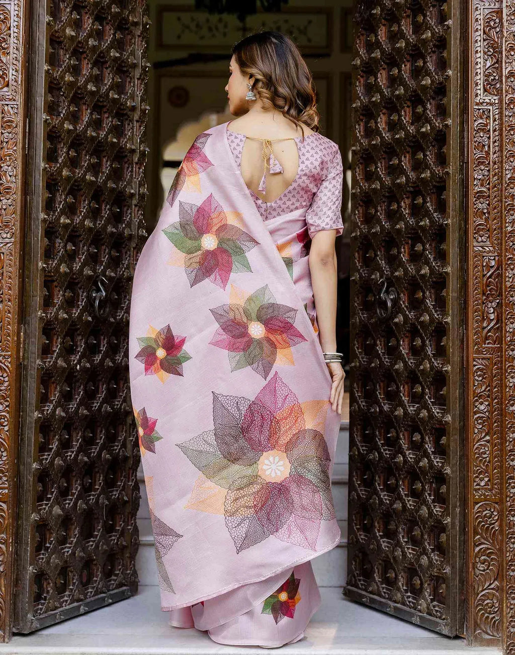 Light purple khadi printed saree by Fulari with multicolor floral motifs and elegant drape