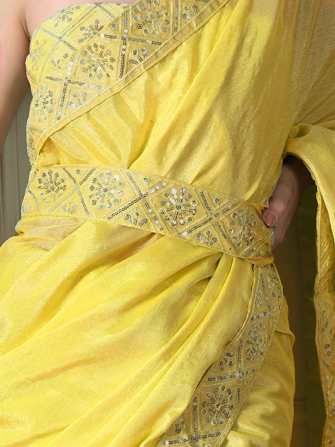 Luxury yellow sequin chiffon saree by Fulari for festive and party wear