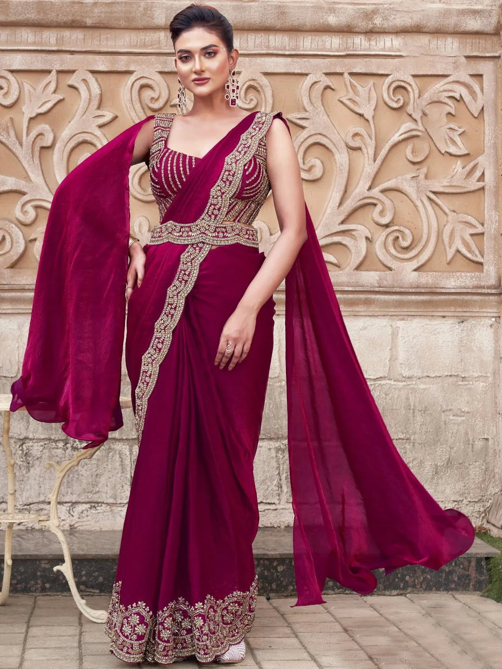Maroon embellished ready to wear party saree by Fulari with elegant gold detailing