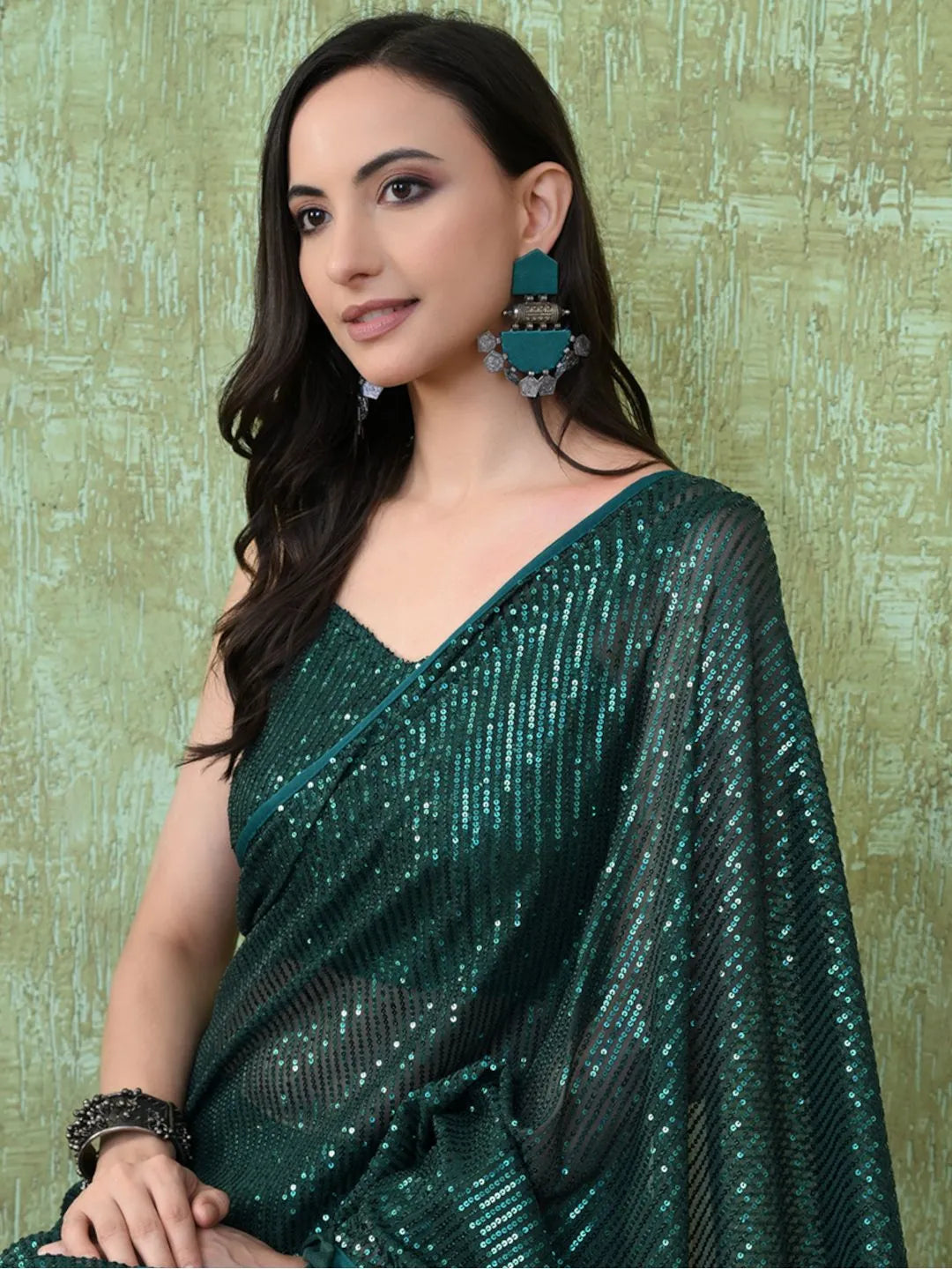 Modern green sequin party wear saree with elegant flow by Fulari
